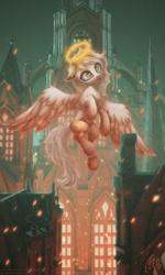 Size: 2160x3600 | Tagged: safe, artist:muggod, oc, oc only, oc:gold.de, pegasus, pony, building, castle, chest fluff, female, fluffy, flying, gothic, halo, high res, mare, outdoors, pegasus oc, raised hoof, solo, window, wings