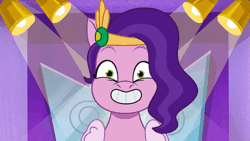 Size: 800x450 | Tagged: safe, edit, edited screencap, screencap, pipp petals, pegasus, pony, g5, mane melody, my little pony: tell your tale, spoiler:g5, spoiler:my little pony: tell your tale, spoiler:tyts01e05, animated, crazy face, creepy, creepy smile, eye twitch, faic, female, gif, grin, it begins, mare, meme origin, pippamena, shrunken pupils, smiling, solo, stage light, wings