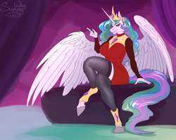 Size: 1200x954 | Tagged: safe, artist:sunny way, princess celestia, alicorn, anthro, unguligrade anthro, bedroom, breasts, busty princess celestia, clothes, crossed legs, digital art, dress, female, horn, mare, patreon, patreon reward, red dress, room, sitting, smiling, solo, stockings, thigh highs, wings