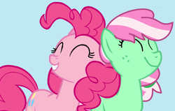 Size: 986x629 | Tagged: safe, artist:jadeharmony, minty (g4), pinkie pie, earth pony, pony, g4, blue background, cute, duo, duo female, female, lesbian, love, mintybetes, nuzzling, ship:mintypinkie, shipping, simple background