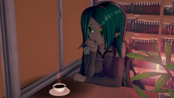 Size: 2560x1440 | Tagged: safe, artist:ratachu666, queen chrysalis, human, equestria girls, g4, 3d, arm warmers, book, bookshelf, clothes, coffee, cup, equestria girls-ified, female, hand, hand on chin, koikatsu, shirt, sitting, solo