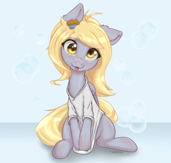 Size: 1500x1431 | Tagged: safe, artist:inkypuso, derpy hooves, pegasus, pony, g4, :p, alternate hairstyle, blushing, bubble, clothes, comments locked down, cute, derpabetes, female, full body, graveyard of comments, hair accessory, hairpin, mare, muffin hairpin, one ear down, shirt, shirt pull, sitting, solo, t-shirt, tongue out