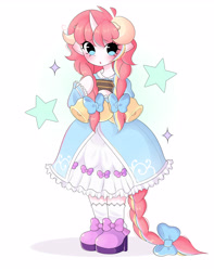 Size: 3757x4760 | Tagged: safe, artist:arwencuack, oc, oc only, oc:nekonin, alicorn, anthro, semi-anthro, arm hooves, braid, clothes, commission, crossdressing, cute, dress, femboy, high heels, male, pink hair, shoes, simple background, solo, stars, trap, white background