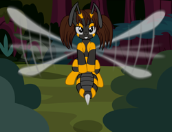 Size: 2744x2103 | Tagged: safe, artist:badumsquish, derpibooru exclusive, oc, oc only, insect, original species, wasp, wasp pony, abdomen, antennae, female, floating, flying, forest, frown, grin, high res, like what you see?, looking at you, pigtails, show accurate, smiling, smirk, solo, stinger
