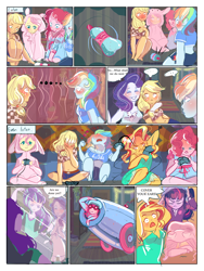 Size: 3000x4000 | Tagged: safe, artist:mlp-cam, artist:mrrowerscream, applejack, fluttershy, pinkie pie, rainbow dash, rarity, sci-twi, starlight glimmer, sunset shimmer, twilight sparkle, human, comic:equestria girls curse and madness, equestria girls, g4, blushing, bunny pajamas, clothes, comic, controller, daisy dukes, female, front knot midriff, gamer sunset, high res, humane five, humane seven, humane six, implied appledash, implied lesbian, implied shipping, midriff, pajamas, party cannon, shorts, speech bubble, spin the bottle, video game