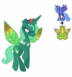 Size: 3266x3464 | Tagged: safe, artist:lavender-bases, artist:vernorexia, princess luna, oc, unnamed oc, alicorn, dryad, pony, unicorn, g4, daisy chain, floral head wreath, flower, flower in hair, flying, fusion, green coat, green hair, high res, jewelry, leaf, leaf wings, necklace, requested art, s1 luna, short hair, simple background, solo, webkinz, webkinz earthly pegasus, white background, wings