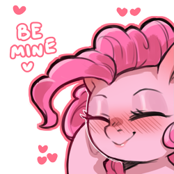 Size: 1159x1159 | Tagged: safe, artist:cold-blooded-twilight, pinkie pie, earth pony, pony, g4, blushing, dialogue, eyes closed, female, heart, mare, simple background, smiling, solo, transparent background, underhoof