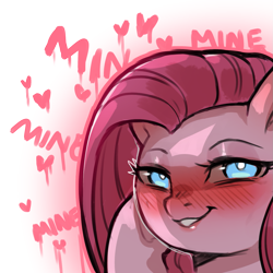 Size: 1159x1159 | Tagged: safe, artist:cold-blooded-twilight, pinkie pie, earth pony, pony, g4, alternate hairstyle, blushing, dialogue, female, glowing, glowing eyes, heart, lidded eyes, looking at you, mare, pinkamena diane pie, simple background, smiling, solo, transparent background, underhoof, yandere, yandere pie