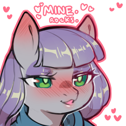 Size: 1159x1159 | Tagged: safe, artist:cold-blooded-twilight, maud pie, earth pony, pony, g4, bedroom eyes, blushing, clothes, dialogue, ear blush, eyeshadow, female, heart, heart eyes, makeup, mare, open mouth, open smile, rock, simple background, smiling, solo, that pony sure does love rocks, transparent background, when she smiles, wingding eyes