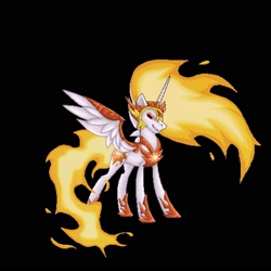 Size: 1568x1568 | Tagged: safe, artist:fennelamoltencandy, daybreaker, alicorn, pony, g4, antagonist, black background, evil grin, grin, mane of fire, pixel art, simple background, smiling, solo, tail, tail of fire