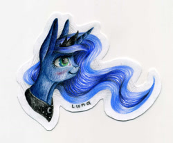 Size: 1505x1249 | Tagged: safe, artist:pessadie, princess luna, alicorn, pony, g4, bust, female, jewelry, mare, peytral, smiling, solo, tiara, traditional art