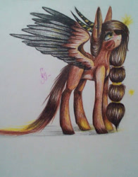 Size: 684x871 | Tagged: safe, artist:pessadie, oc, oc only, pony, female, horns, looking up, mare, smiling, solo, traditional art, wings