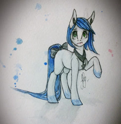 Size: 686x701 | Tagged: safe, artist:pessadie, oc, oc only, earth pony, pony, bow, earth pony oc, eyelashes, female, frown, jewelry, mare, necklace, raised hoof, signature, solo, tail, tail bow, traditional art