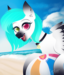 Size: 3000x3500 | Tagged: safe, artist:77jessieponygames77, oc, oc only, pegasus, pony, beach, beach ball, bust, eyelashes, female, heterochromia, high res, mare, pegasus oc, smiling, solo, wings