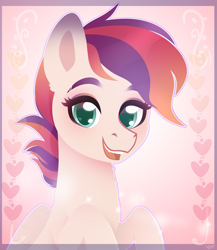 Size: 2600x3000 | Tagged: safe, artist:77jessieponygames77, oc, oc only, pegasus, pony, abstract background, bust, eyelashes, female, heart, high res, mare, pegasus oc, smiling, solo, wings