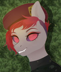 Size: 2800x3300 | Tagged: safe, artist:77jessieponygames77, oc, oc only, earth pony, monster pony, pony, abstract background, beret, bust, clothes, earth pony oc, eyelashes, female, hat, high res, mare, no pupils, purple sclera, red eyes, solo