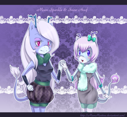 Size: 1300x1200 | Tagged: safe, artist:churobu, oc, oc only, oc:moon sparkle, deer, hybrid, unideer, anthro, antlers, clothes, duo, eyelashes, female, hand on hip, holding hands, scarf, smiling