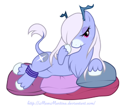 Size: 1800x1550 | Tagged: safe, artist:churobu, oc, oc only, oc:moon sparkle, deer, unideer, bedroom eyes, chest fluff, draw me like one of your french girls, female, leonine tail, mare, pillow, simple background, tail, transparent background, unshorn fetlocks