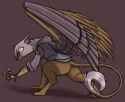 Size: 1596x1301 | Tagged: safe, artist:sinrar, gilda, cyborg, griffon, amputee, artificial wings, augmented, brown fur, claws, clothes, jacket, prosthetic limb, prosthetic wing, prosthetics, simple background, slit pupils, solo, tail, talons, wings