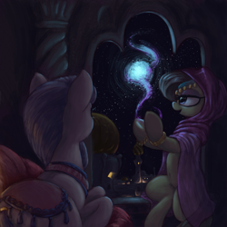 Size: 3000x3000 | Tagged: safe, artist:t72b, amira, earth pony, pony, saddle arabian, g4, background pony, belly button, bracelet, clothes, cushion, desert, dome, eyeshadow, female, glowing, gold, headscarf, high res, hoof hold, jewelry, lidded eyes, lying down, magic, makeup, mare, night, night sky, open mouth, open smile, prone, scarf, sitting, sky, smiling, stars, veil, window