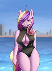 Size: 1400x1900 | Tagged: safe, artist:zachc, princess cadance, alicorn, anthro, g4, absolute cleavage, arm behind back, beach, big breasts, boob window, breasts, busty princess cadance, cleavage, clothes, curly hair, eyelashes, eyeshadow, female, folded wings, horn, makeup, multicolored hair, one-piece swimsuit, sexy, skyline, solo, stupid sexy princess cadance, swimsuit, wings