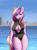 Size: 1400x1900 | Tagged: safe, artist:zachc, princess cadance, alicorn, anthro, g4, absolute cleavage, arm behind back, beach, big breasts, boob window, breasts, busty princess cadance, cleavage, clothes, curly hair, eyelashes, eyeshadow, female, folded wings, horn, makeup, multicolored hair, ocean, one-piece swimsuit, sexy, skyline, solo, stupid sexy princess cadance, swimsuit, water, wings