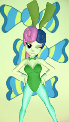 Size: 900x1600 | Tagged: safe, artist:oatmeal!, bon bon, sweetie drops, human, equestria girls, g4, 3d, bon bon's cutie mark, bowtie, breasts, bunny ears, bunny suit, busty bon bon, clothes, cuffs (clothes), cutie mark, cutie mark background, easter, gmod, green leotard, hand on hip, holiday, leotard, looking at you, one eye closed, pantyhose, playboy bunny, sexy, simple background, solo, spread legs, spreading, wink, winking at you