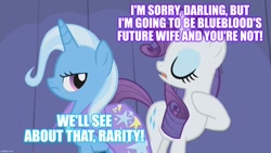 Size: 1280x720 | Tagged: safe, edit, edited screencap, screencap, rarity, trixie, pony, unicorn, boast busters, g4, my little pony: friendship is magic, duo, implied bluetrix, implied prince blueblood, implied rariblood