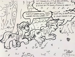 Size: 3762x2877 | Tagged: safe, artist:jamestkelley, izzy moonbow, sunny starscout, earth pony, pony, unicorn, g5, bouncing, centaurworld, forest, high res, monochrome, signature, singing, speech bubble, traditional art, voice actor joke