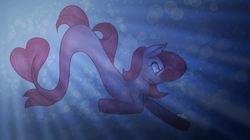 Size: 1413x792 | Tagged: safe, artist:guruyunus17, oc, oc:annisa trihapsari, earth pony, seapony (g4), aelita schaeffer, blue background, bubble, code lyoko, crepuscular rays, dorsal fin, female, fish tail, flowing tail, mare, ocean, seaponified, signature, simple background, solo, species swap, sunlight, swimming, tail, underwater, water