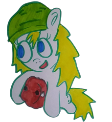 Size: 478x522 | Tagged: safe, artist:dex stewart, oc, oc:fargate, earth pony, pony, aqua teen hunger force, beanie, hat, ignignokt, meatwad, simple background, solo, traditional art, transparent background