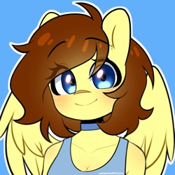 Size: 1000x1000 | Tagged: safe, artist:cottonsweets, oc, oc only, oc:lucy harmony, pegasus, anthro, blue background, bust, clothes, commission, cute, eye clipping through hair, female, looking at you, mare, ocbetes, simple background, smiling, smiling at you, solo, wings