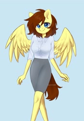 Size: 2643x3789 | Tagged: safe, artist:cottonsweets, oc, oc only, oc:lucy harmony, pegasus, anthro, blue background, clothes, commission, cute, female, high res, looking at you, mare, ocbetes, simple background, skirt, solo, wings