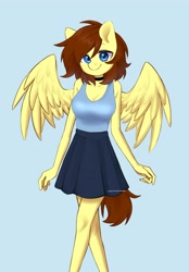 Size: 2643x3789 | Tagged: safe, artist:cottonsweets, oc, oc only, oc:lucy harmony, pegasus, anthro, blue background, clothes, commission, cute, dress, female, high res, looking at you, mare, ocbetes, simple background, skirt, solo, wings