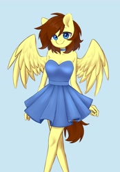 Size: 2643x3789 | Tagged: safe, artist:cottonsweets, oc, oc only, oc:lucy harmony, pegasus, anthro, blue background, clothes, commission, cute, dress, female, high res, looking at you, mare, ocbetes, simple background, solo, wings