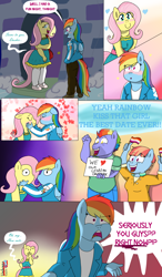 Size: 1512x2592 | Tagged: safe, artist:umbreonvevo, bow hothoof, fluttershy, rainbow dash, windy whistles, pegasus, anthro, g4, blushing, clothes, comic, cute, equestria girls outfit, fathers gonna father, female, kissing, lesbian, lesbian pride flag, male, mothers gonna mother, pride, pride flag, ship:flutterdash, shipping, shyabetes, supportive parent