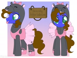 Size: 2048x1530 | Tagged: safe, alternate version, artist:elberas, oc, oc:silly scribe, earth pony, hippopotamus, pony, :p, animal costume, ballerina, ballet, clothes, costume, crossdressing, cute, earth pony oc, male, ocbetes, sign, silly, silly pony, tongue out, tutu