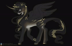 Size: 3100x2000 | Tagged: safe, artist:elberas, oc, oc only, alicorn, pony, alicorn oc, black background, high res, horn, laurel wreath, raised hoof, simple background, slender, solo, thin, wings
