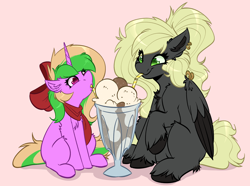 Size: 4000x2976 | Tagged: safe, artist:witchtaunter, oc, oc only, oc:sparkly breeze, oc:veen sundown, pegasus, pony, unicorn, bow, chest fluff, clothes, drink, drinking, drinking straw, duo, ear fluff, ear piercing, female, food, hair bow, high res, ice cream, mare, milkshake, piercing, scarf, sharing, sharing a drink, sharing food, simple background, size difference, sundown clan, wing piercing, wings