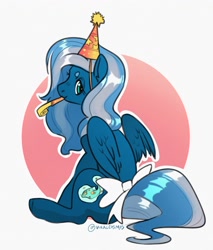 Size: 2742x3221 | Tagged: safe, artist:opalacorn, oc, oc only, pegasus, pony, beanbrows, bow, eyebrows, hat, high res, party hat, party horn, solo, tail, tail bow