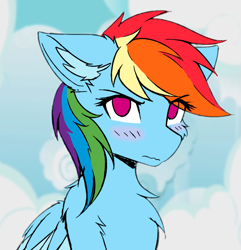 Size: 799x829 | Tagged: safe, artist:lunar froxy, color edit, edit, editor:maonyman, rainbow dash, pegasus, pony, blushing, bust, chest fluff, colored, colored wings, cute, dashabetes, ear fluff, female, floppy ears, looking at you, mare, screencap background, solo, tsunderainbow, tsundere, two toned wings, wings