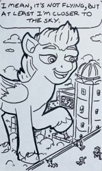 Size: 2341x3938 | Tagged: safe, artist:jamestkelley, zipp storm, pegasus, pony, g5, billboard, city, cloud, crowd, female, giant pony, giantess, high res, macro, monochrome, sketch, speech bubble, traditional art, zephyr heights