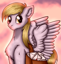 Size: 2471x2577 | Tagged: safe, artist:ponykittenboi, derpibooru exclusive, derpy hooves, pegasus, pony, g4, bag, blushing, cloud, cute, derp, high res, letter, mail, mailbag, mailmare, solo, wings