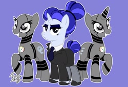 Size: 2048x1389 | Tagged: safe, artist:mommymidday, oc, oc only, oc:madame cobalt, earth pony, pony, robot, robot pony, unicorn, business suit, businessmare, clothes, hair bun, necktie, raised hoof, shoes, show accurate, skirt, snooty, suit, tail, tail bun