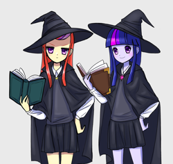 Size: 3392x3200 | Tagged: safe, artist:melonche, moondancer, twilight sparkle, human, equestria girls, g4, book, cape, clothes, crossover, duo, duo female, equestria girls-ified, eyebrows, eyebrows visible through hair, female, frown, hand on hip, harry potter (series), hat, high res, simple background, smiling, white background, witch hat