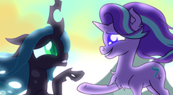 Size: 5580x3060 | Tagged: safe, artist:iceflower99, queen chrysalis, starlight glimmer, changeling, changeling queen, pony, unicorn, g4, season 6, to where and back again, chest fluff, female, scene interpretation, smiling, video at source