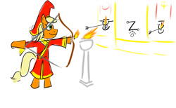 Size: 1024x631 | Tagged: safe, artist:horsesplease, applejack, g4, archery, arrow, bipedal, clothes, current events, defeated, doodle, fire, flaming arrow, invader, robes, scythian, solo, torch, z, z (military symbol)