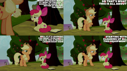 Size: 1280x720 | Tagged: safe, edit, edited screencap, editor:quoterific, screencap, apple bloom, applejack, earth pony, pony, g4, marks for effort, season 8, apple bloom's bow, applejack's hat, book, bow, cowboy hat, duo, female, filly, foal, hair bow, hat, implied twilight sparkle, mare, open mouth, open smile, smiling, text, tree