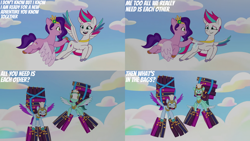 Size: 1280x720 | Tagged: safe, edit, edited screencap, editor:quoterific, screencap, pipp petals, thunder flap, zipp storm, zoom zephyrwing, pegasus, pony, g5, my little pony: tell your tale, sisters take flight, spoiler:g5, spoiler:my little pony: tell your tale, spoiler:tyts01e03, female, flying, guardsmare, male, mare, nose in the air, open mouth, open smile, pegasus royal guard, royal guard, royal sisters (g5), siblings, sisters, smiling, spread wings, stallion, text, wings