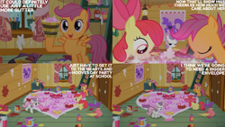 Size: 1280x720 | Tagged: safe, edit, edited screencap, editor:quoterific, screencap, apple bloom, scootaloo, sweetie belle, earth pony, pegasus, pony, unicorn, g4, hearts and hooves day (episode), season 2, apple bloom's bow, bloom butt, bow, butt, clubhouse, crusaders clubhouse, cutie mark crusaders, eyes closed, female, filly, foal, hair bow, implied cheerilee, open mouth, open smile, plot, smiling, spread wings, text, trio, wings